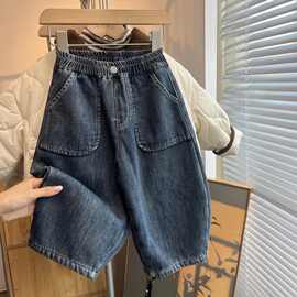 儿童加绒牛仔裤男女宝宝休闲裤秋冬纯色一体绒大口袋宽松复古裤子