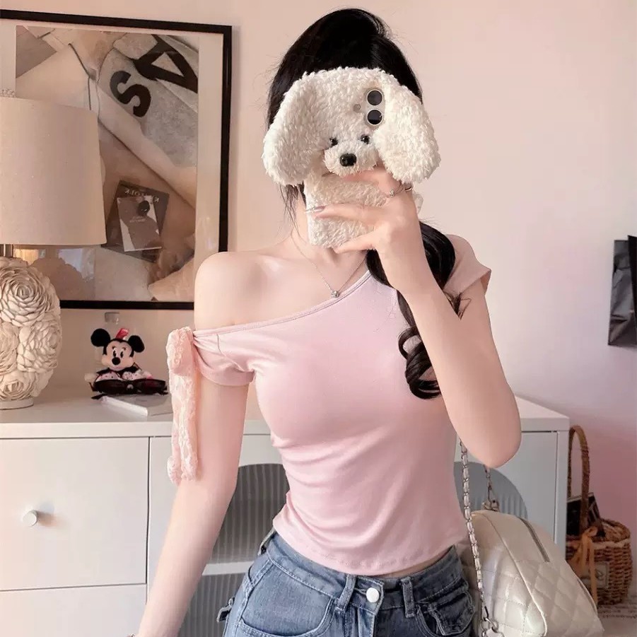 5019 ¿ nueva camiseta de manga corta de hombro inclinado empalmada con encaje de espalda expuesta en verano con almohadilla para mujeres delgadas image 5