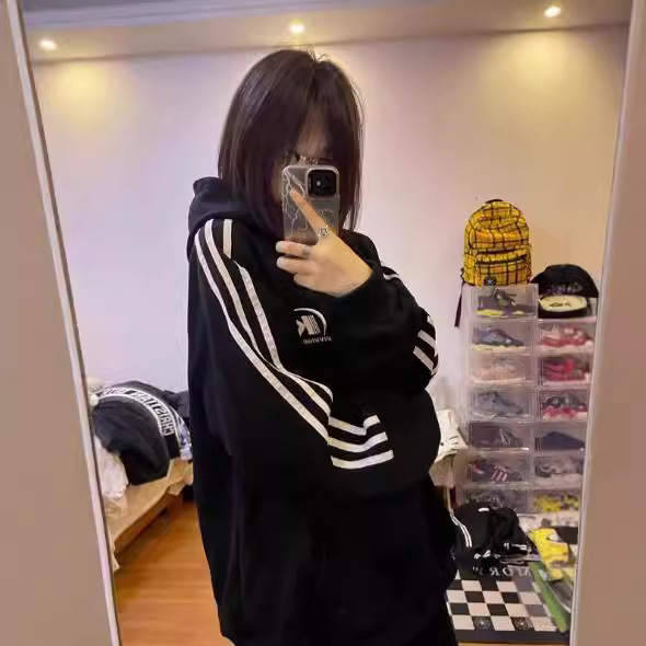 国潮牌2025早秋白色卫衣女春秋薄款新款美式拼接三条杆连帽oversi|undefined