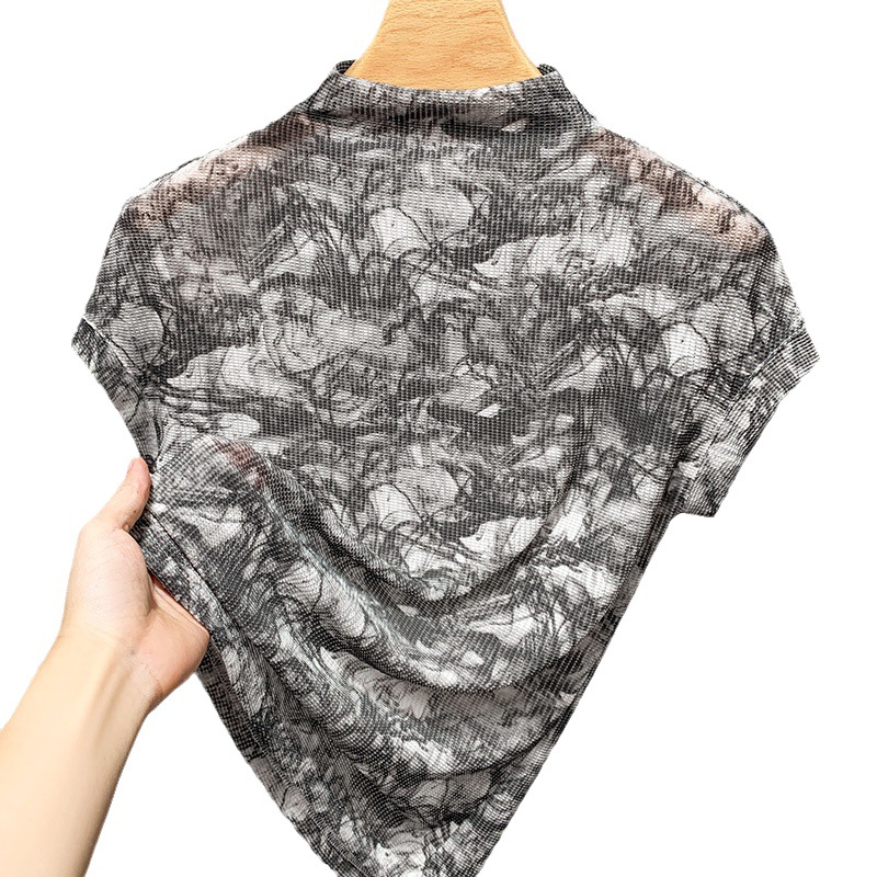 Camiseta de cuello alto de las mujeres 2023 nuevas mujeres europeas de malla impresa estilo occidental pequeña camisa elegante chaleco sin mangas image 6