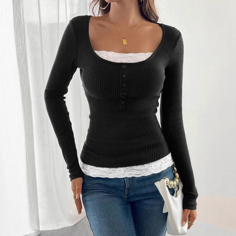 Single-Breasted Slim-Fit Long-Sleeve Top with Fashionable Square-Neck Lace 2026 Patchwork European and American Simple and Stylish Design