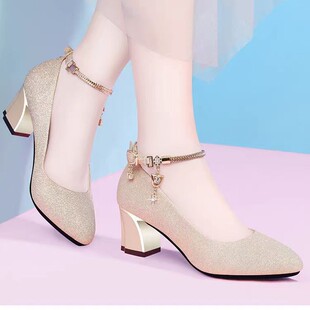 Shoes New Spring and Summer Chunky Heeled High Heeled Single-layer Shoes Women's Round-toe Shallow Mouth One-line Buckle Genuine Leather 2025 Mid-heel Four Seasons Women's Shoes