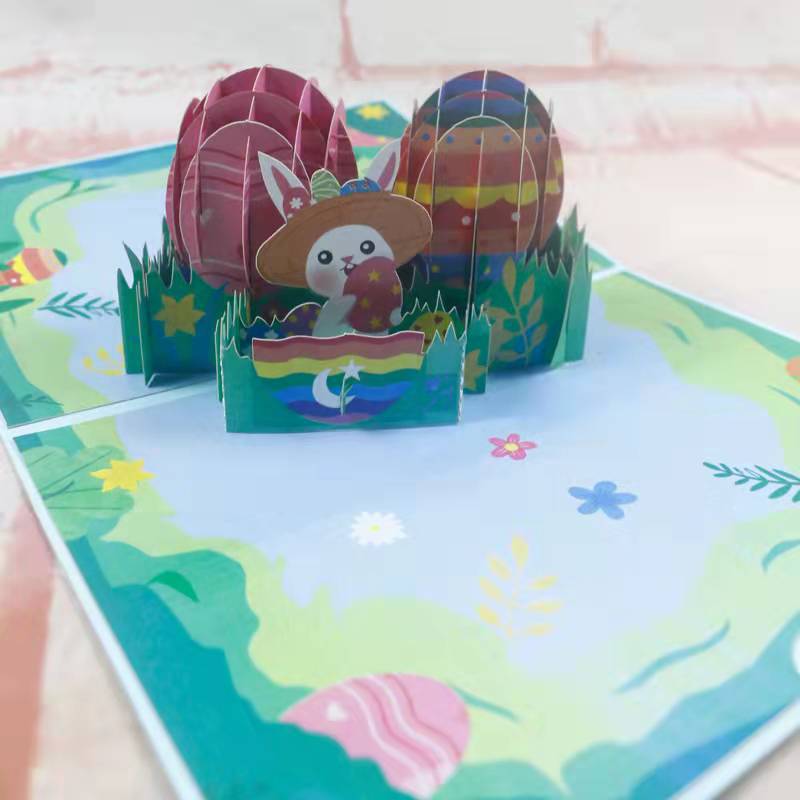 Easter rabbit egg foreign trade creative passenger plane 3D three-dimensional greeting card color printing laser engraving folding paper carving manufacturer