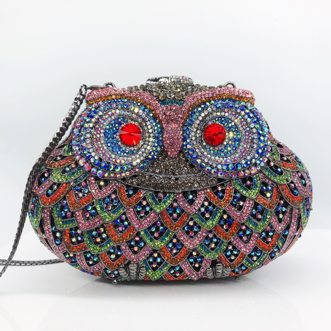 Túi clutch nữ đính đá rhinestone hình cú dạ tiệc — Màu bạc