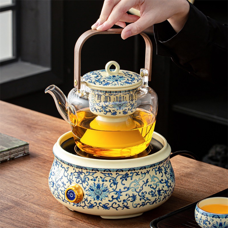 Blue and white Chinese-style glass steaming and boiling kettle, high-temperature resistant, suitable for electric ceramic stoves, with handle, for brewing Pu'er tea