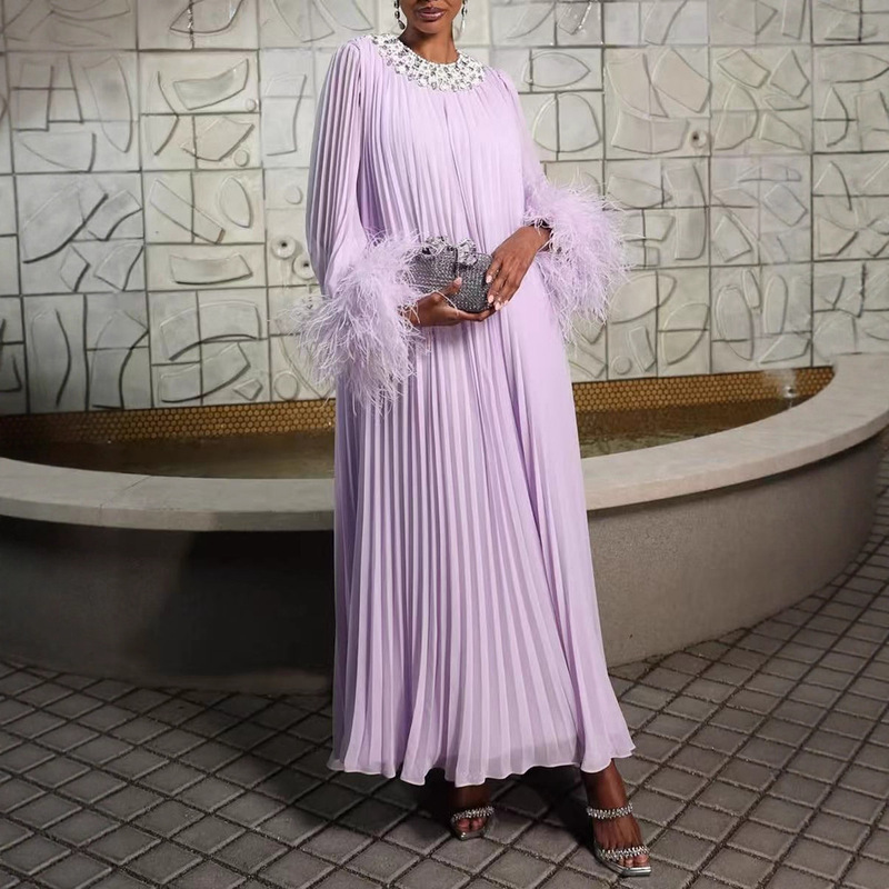 European and American Style Round Neck Hand-Embellished Rhinestone Patchwork Long Dress, New Long-Sleeve Mesh Pleated Design Dress