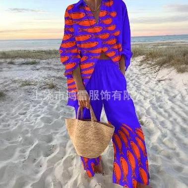 2026年欧美跨境新款宽松3D印花女士衬衫两件套套装防晒衬衫