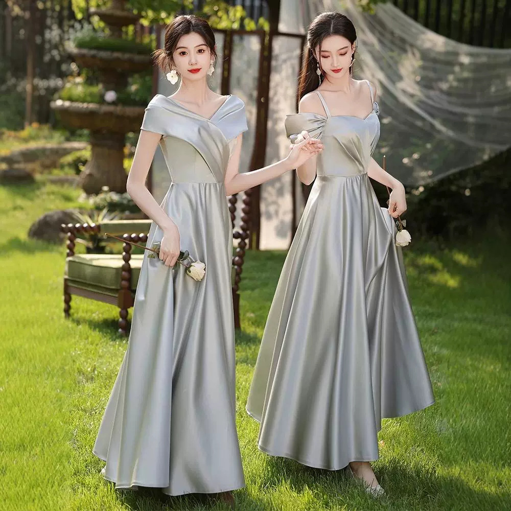 Bridesmaid Dress 2025 New Style Gray High-End Niche Sister Group Everyday Wear Satin Evening Dress Women's Autumn
