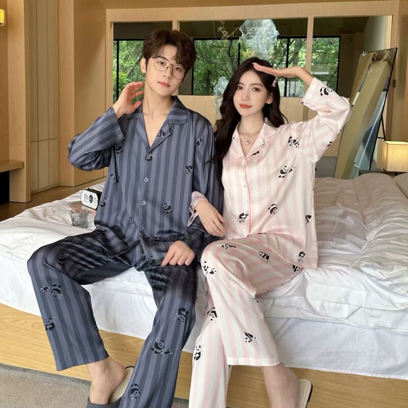 Couple Ice Silk Pajamas Women's Spring and Autumn Cute Print Summer Home Clothes Casual Suit Premium Luxury Suit Couple Ice Silk Pajamas Women's Spring and Autumn Cute Print Summer Home Clothes Casual Suit Premium Luxury Suit