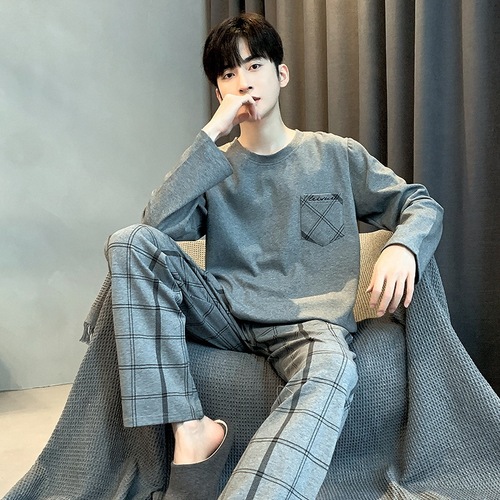 Men's Two-Sided Fleece Winter Warm Thick Hooded Mid-Youth Men's Thin Fleece Home Suit Set Simple