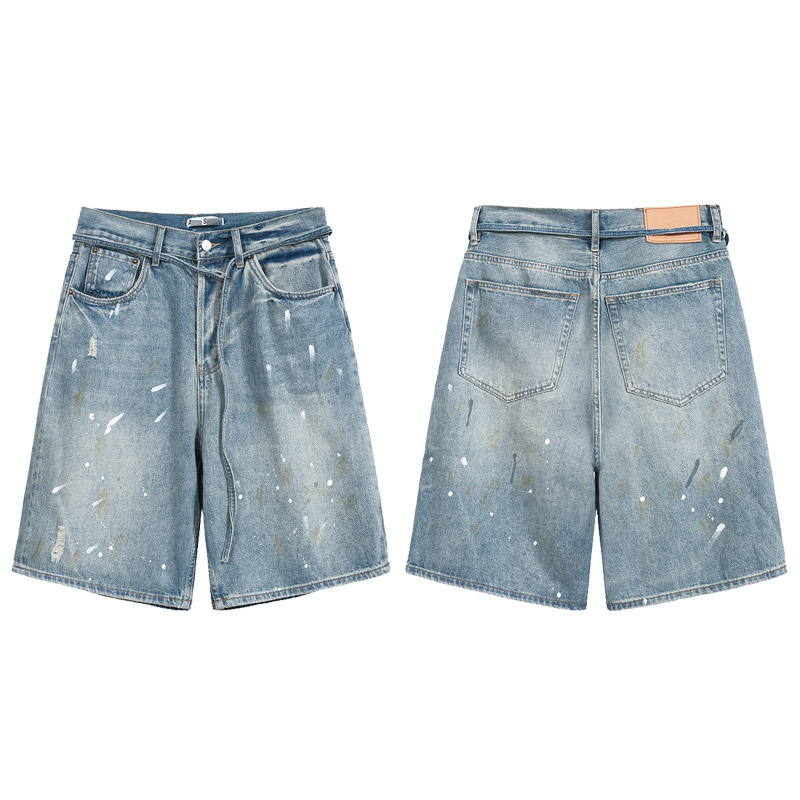 Trendy Brand Ac Washed Vintage Hand-Painted Splatter Denim Shorts Loose Fit Cross-Border Couple Wide-Leg Knee-Length Shorts Trendy Brand Ac Washed Vintage Hand-Painted Splatter Denim Shorts Loose Fit Cross-Border Couple Wide-Leg Knee-Length Shorts