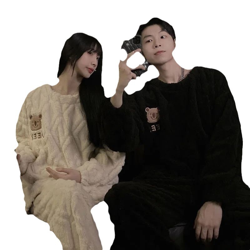 Otoño e invierno hombres coral fleece pullover pareja pijamas mujeres forrado de lana engrosada un hombre y una mujer cuello redondo de gama alta homewear