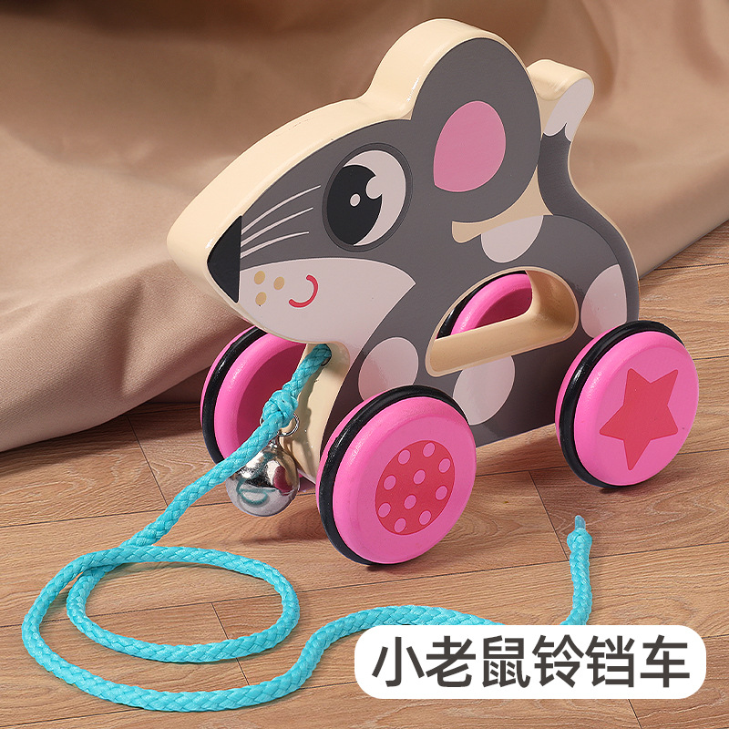 Coche de campana de animal de arrastre de madera real, cuerda de tracción manual, niño y niña, coordinación ojo-mano, juguete de coche de entrenamiento para niños pequeños