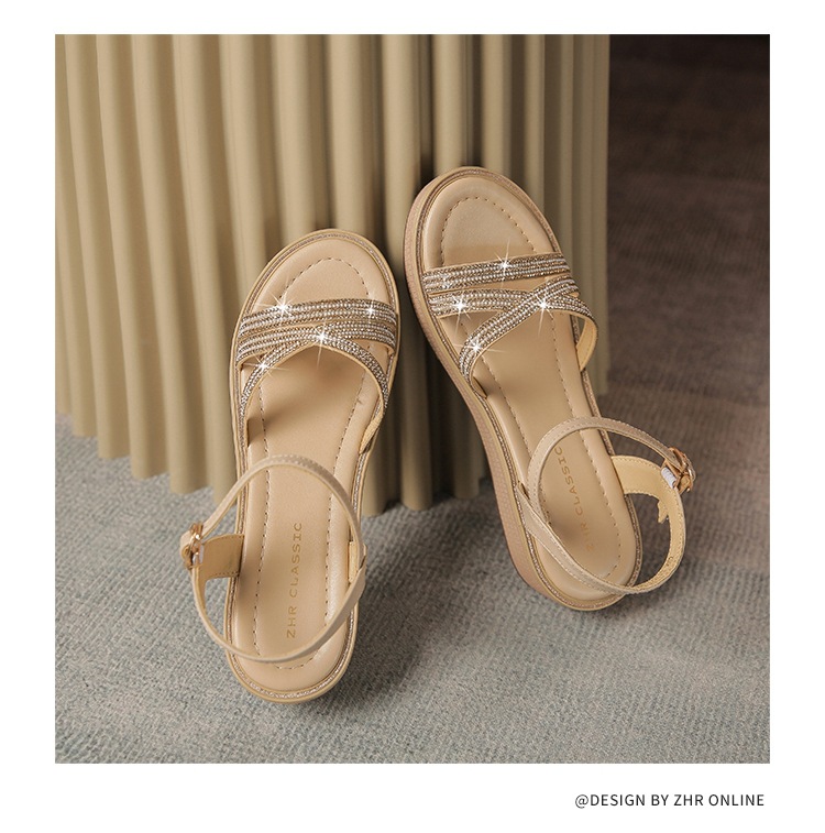 Sandal cao gót nữ đính đá phong cách La Mã, đế xuồng thoải mái — AY161 Trắng be chi tiết 21