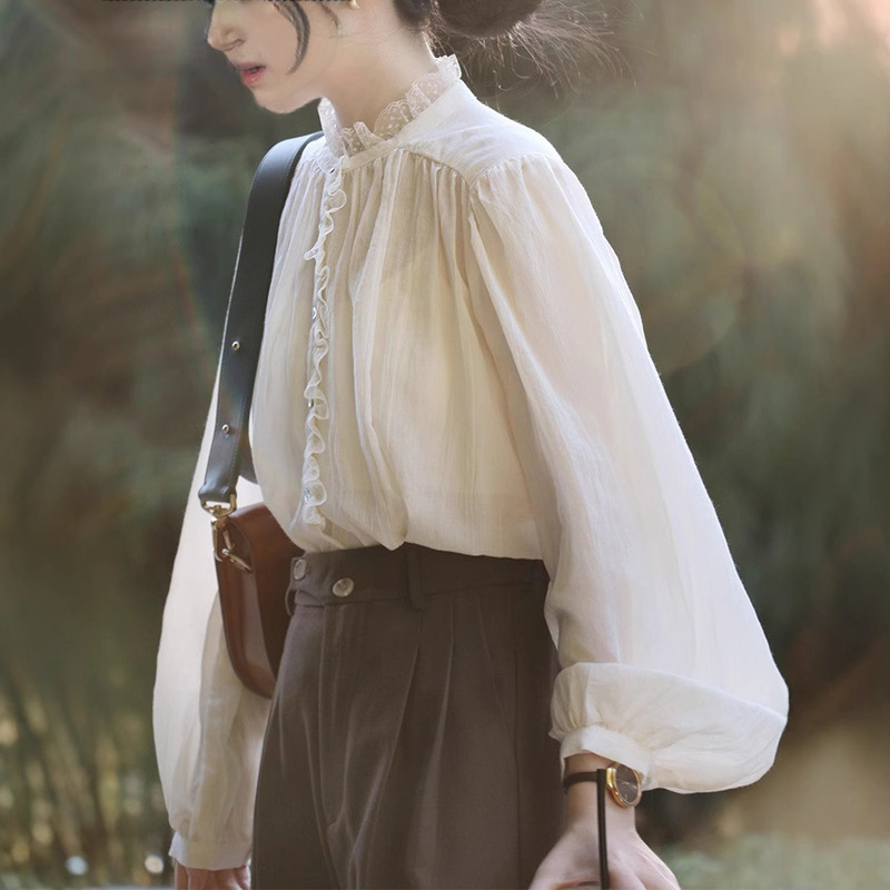 French Retro Lace Collar Light Lantern Sleeve Long Sleeve Shirt Spring Summer Tulle Apricot/Black