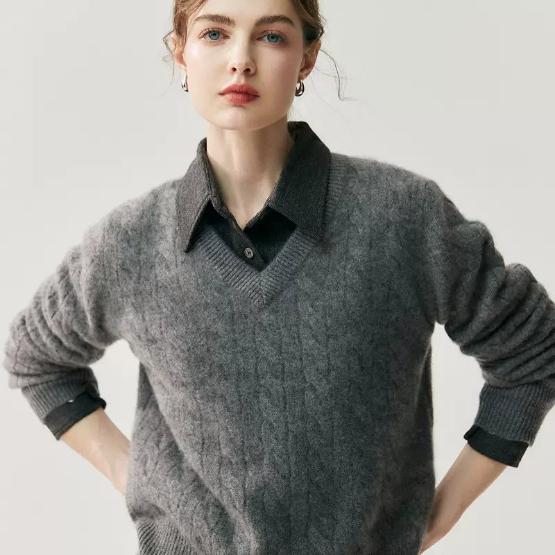 拉夫劳伦同款大v领麻花山羊绒衫女套头宽松厚毛衣打底针织衫外穿