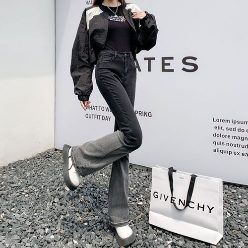 Gradient color micro-trumpet slim stretch jeans women's high waist niche tight horseshoe pants wide-leg mop long pants