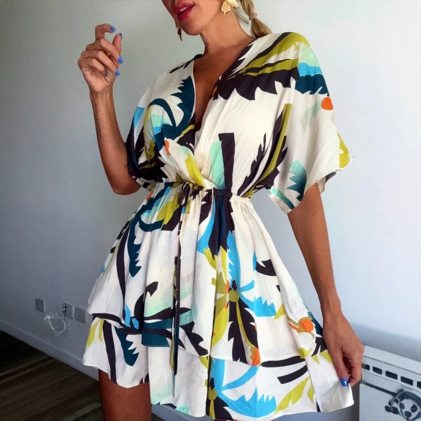Abstract Print V-Neck Midi Dress With Tie Waist, Flowy Short Sleeve Summer Dress For Vacation & Casual Outings_ecoleips.com