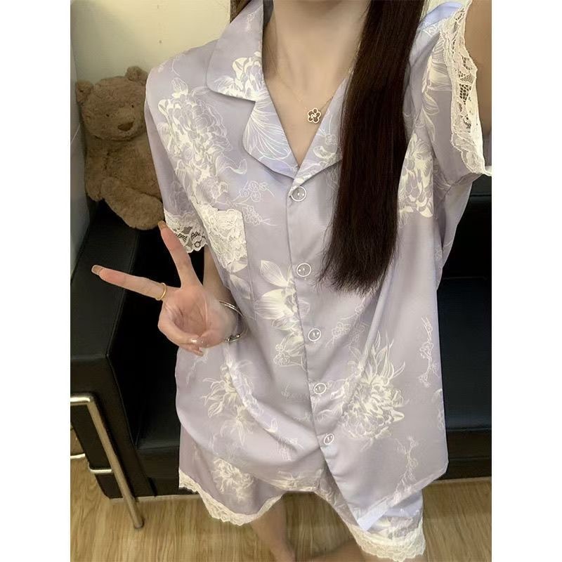 氷と雪のシルクパジャマ夏の女性の半袖ショーツ純粋な欲望レース宮殿スタイル甘いファッションホームウェアセット|undefined
