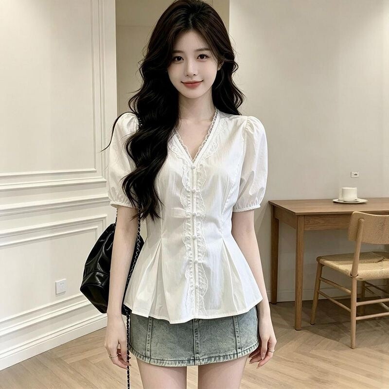 Fashionable and Elegant White Ruffled Top 2026 Summer French Style Large Size Loose Waist-Cinching Short-Sleeved Shirt