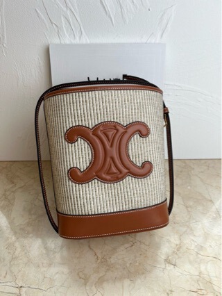 Ce Small Smooth Cowhide with Linen Fabric Bucket Bag Crossbody and Shoulder Adjustable Strap High-End Women's Bag