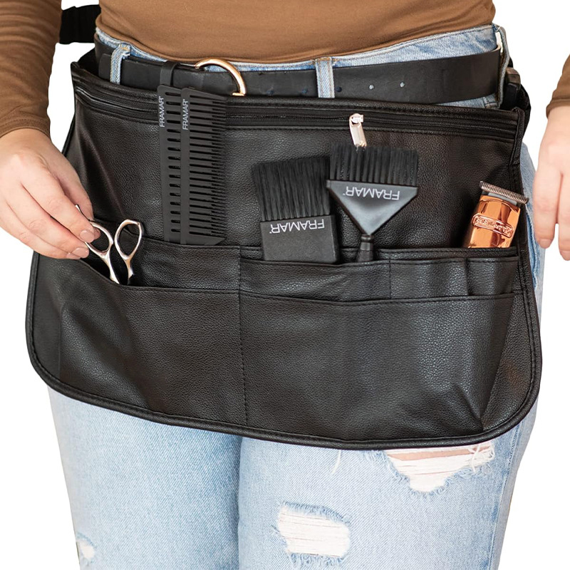 Delantal de PU transfronterizo, bolsa de almacenamiento de jardinería de media longitud, se pueden colocar, rociador de tijeras, cepillo para el cabello, peinado, delantal de trabajo, estilo corto