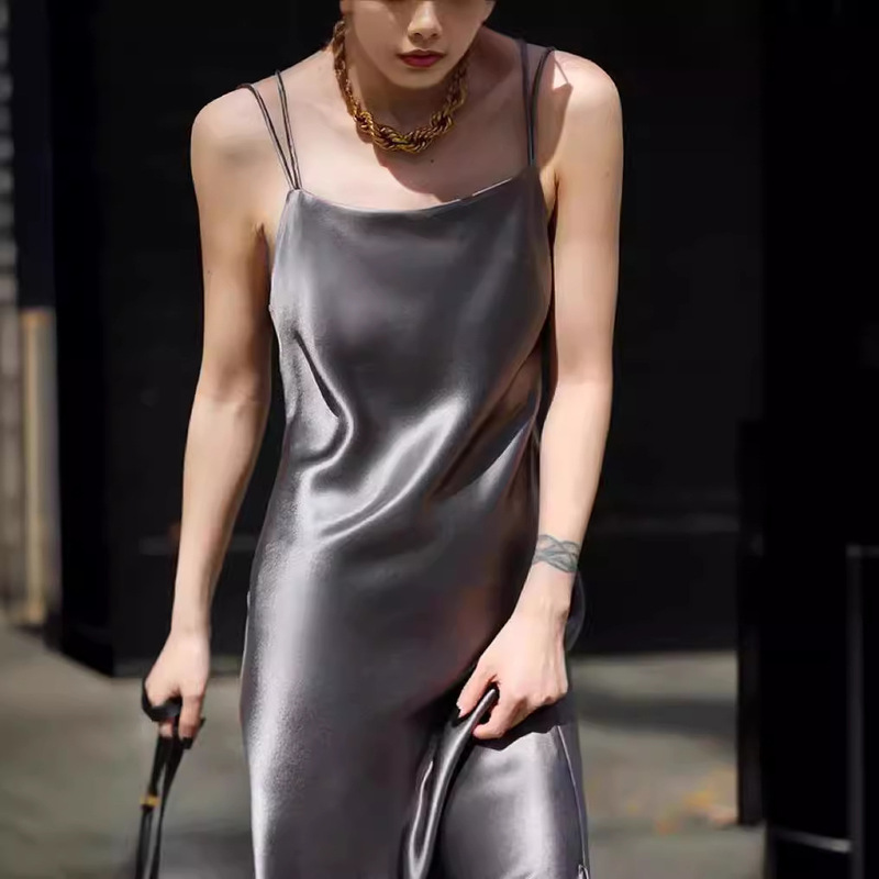Backless Cross-Slit Spaghetti Strap Dress for Women, Autumn Triacetate Satin Mid-Length Backless Fishtail A-Line Tank Dress