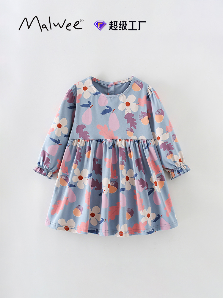 Vestidos de niñas malwee transfronterizos nuevos vestidos de otoño e invierno para niños pequeños y medianos europeos y estadounidenses con cuello redondo y mangas largas lindas impresas en flores y ropa infantil
