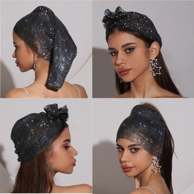 European and American cross-border personalized accessories fashionable elastic hat fishnet water diamond hair tie hat sparkly diamond hat fishnet head scarf hat