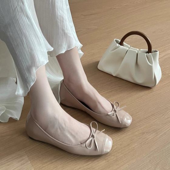 Small Bowknot Square Toe 2025 Heightened Single-layer Shoes Soft Bottom Flat New Style Ballet Sweet French Shallow Mouth Women's Shoes