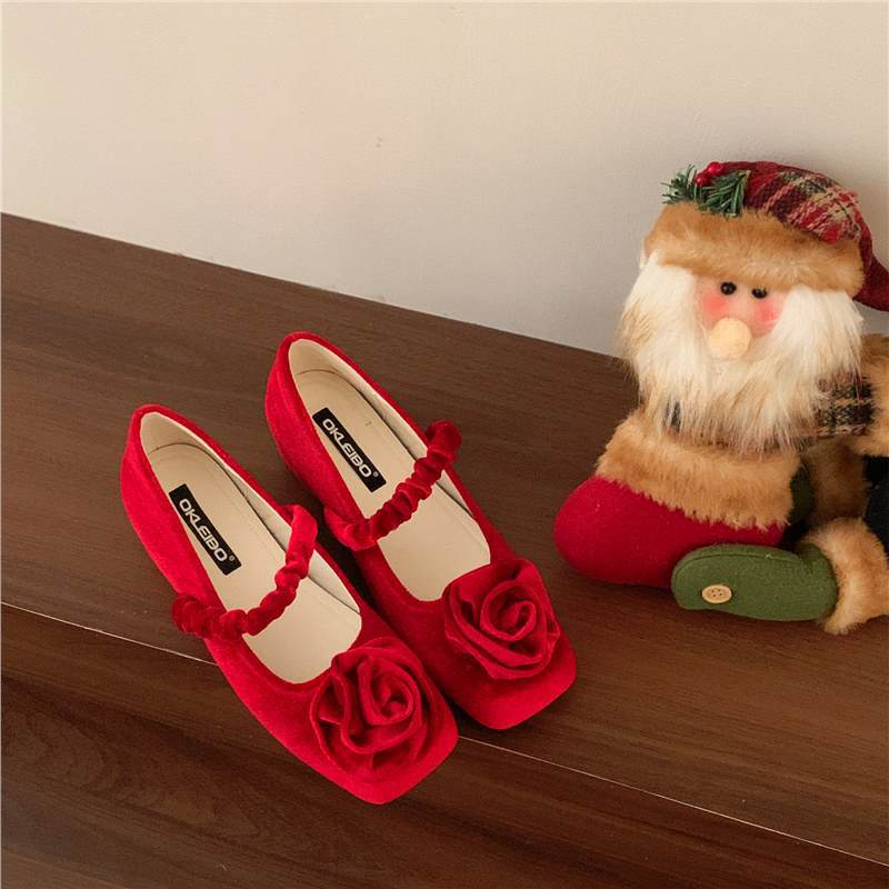 New Year Christmas Red 2026 Early Spring New Sweet and Cute Rhinestone Round-Toe Shallow Flat Mary Jane Shoes