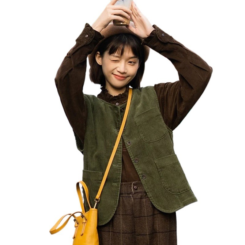 灯芯绒马甲女春装2025日系新款复古坎肩甜美叠穿马夹无袖上衣外套|undefined
