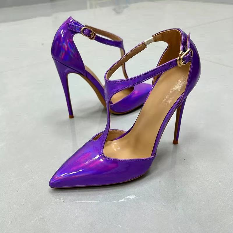 2025 New Laser Purple Fashionable Patent Leather Pointed Toe T-Strap High Heels Super Fiber Pu Low-Top Stiletto Women's Sandals
