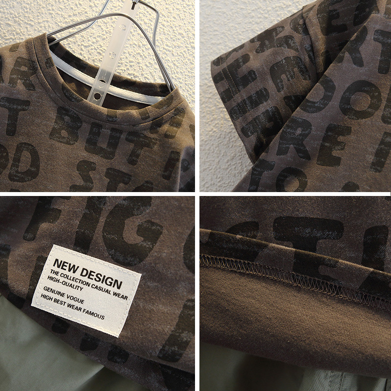 8018 traje de manga corta para niños verano suelto manga de cinco puntos 2025 nuevo traje de dos piezas con estampado de letras para niños pequeños y medianos