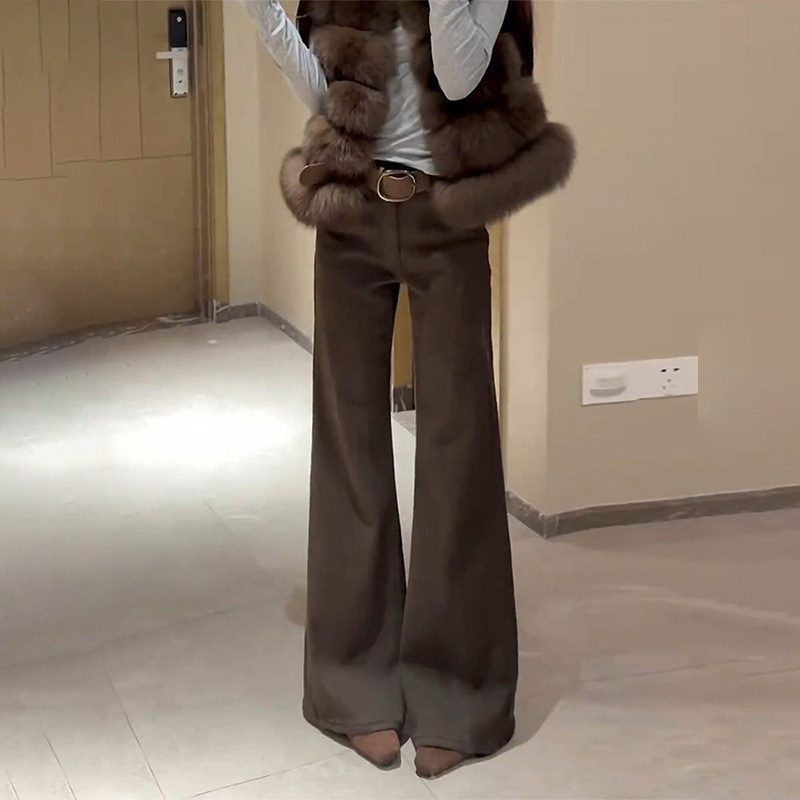 Melard brown mid-high waist flared jeans for women, autumn and winter fleece-lined slim fit straight-leg flared trousers Melard brown mid-high waist flared jeans for women, autumn and winter fleece-lined slim fit straight-leg flared trousers