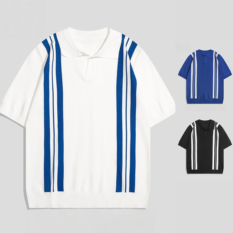Polo camiseta de punto camiseta de manga corta hombre V-collar gaviota collar rayas verticales viejas camisetas de hielo de viento de verano fábrica transfronteriza al por mayor