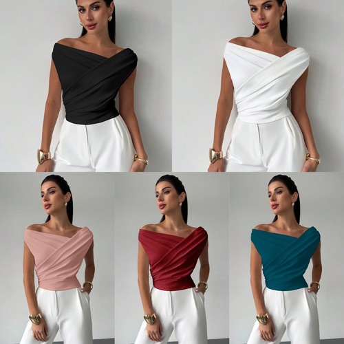 2025 European and American cross-border solid color sleeveless T-shirt women's simple style slim-fitting slim sleeveless short top