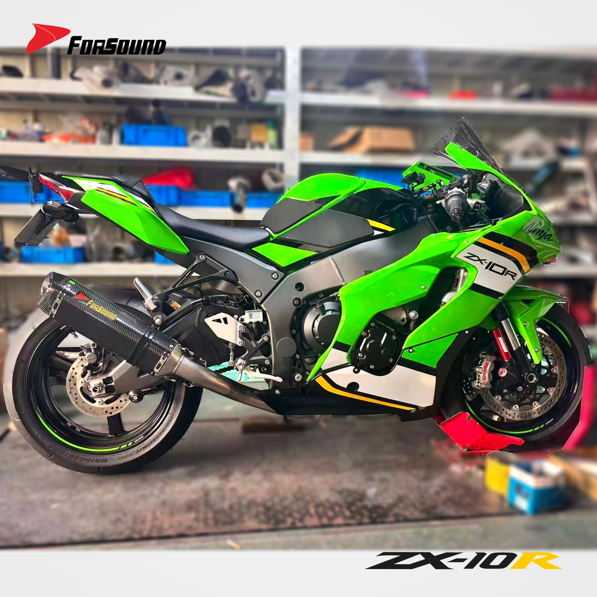 KAWASAKI ZX-10R Big Bull modified exhaust mid and tail section, Grav's titanium alloy stainless steel carbon