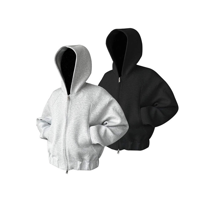 boy Space Cotton Boxy Fit American High Street Hooded Cardigan Short Sweatshirt Men Heavyweight Gray Zipper Top Jacket_voghion.com