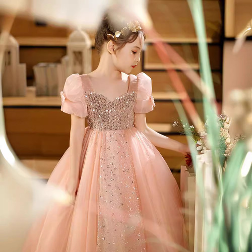 女童礼服春夏儿童轻奢公主裙粉色女孩主持人钢琴演出服生日晚礼服