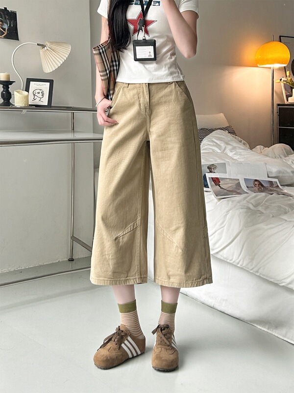 Khaki Straight-Leg Cropped Jeans for Women, High-Waisted, Slimming, Summer Thin Style, Petite Loose Wide-Leg Casual Mid-Length Pants
