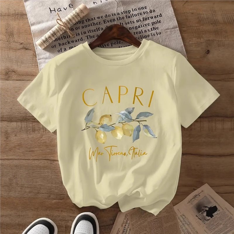Lemon Print T-Shirt Capri Style Italian Summer Atmosphere Travel Shirt Cross-Border Shein Hot New Product