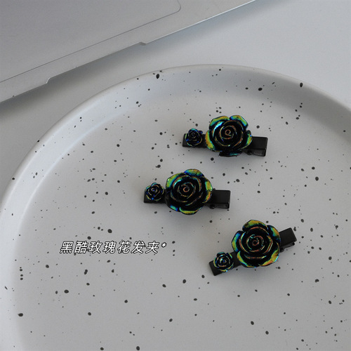 Dark Mode Sweet Cool Rose Hair Clips, Edgy Harajuku Girl, Black Y2K Laser Hair Accessories, Side Clips