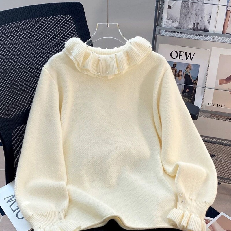 Plus-size autumn and winter elegant knitted design beaded ruffle petal collar sweater for women Plus-size autumn and winter elegant knitted design beaded ruffle petal collar sweater for women