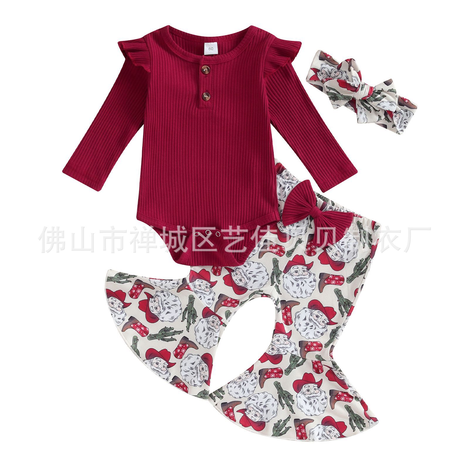 Pit lotus leaf shoulder long-sleeved romper + printed flared pants + headdress factory direct supply