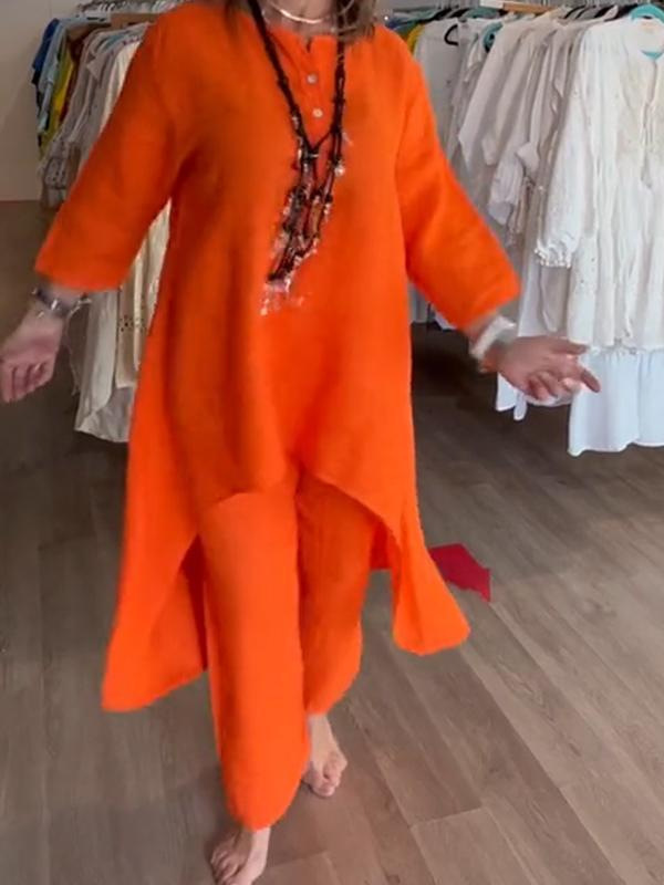 Sommer Neues Produkt Schneller Verkauf Einfarbiges Lässiges Langarm-Set aus Baumwolle und Lazy Style für Damen_voghion.com