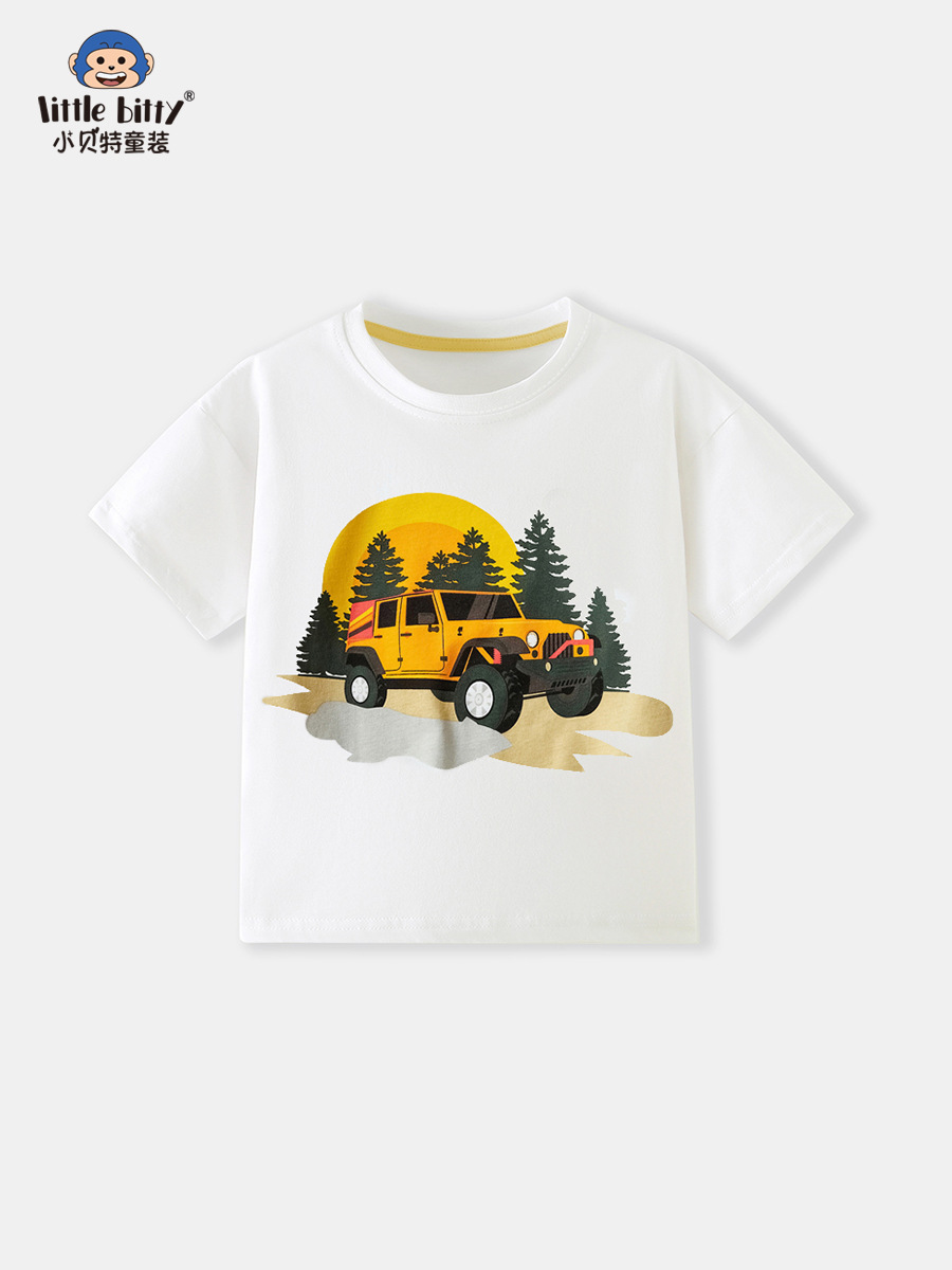 European and American Cotton Children's Clothing Cross-Border Short-Sleeved T-Shirts with Cartoon Off-Road Vehicle Print Pattern Pullover Knitwears in Stock Wholesale