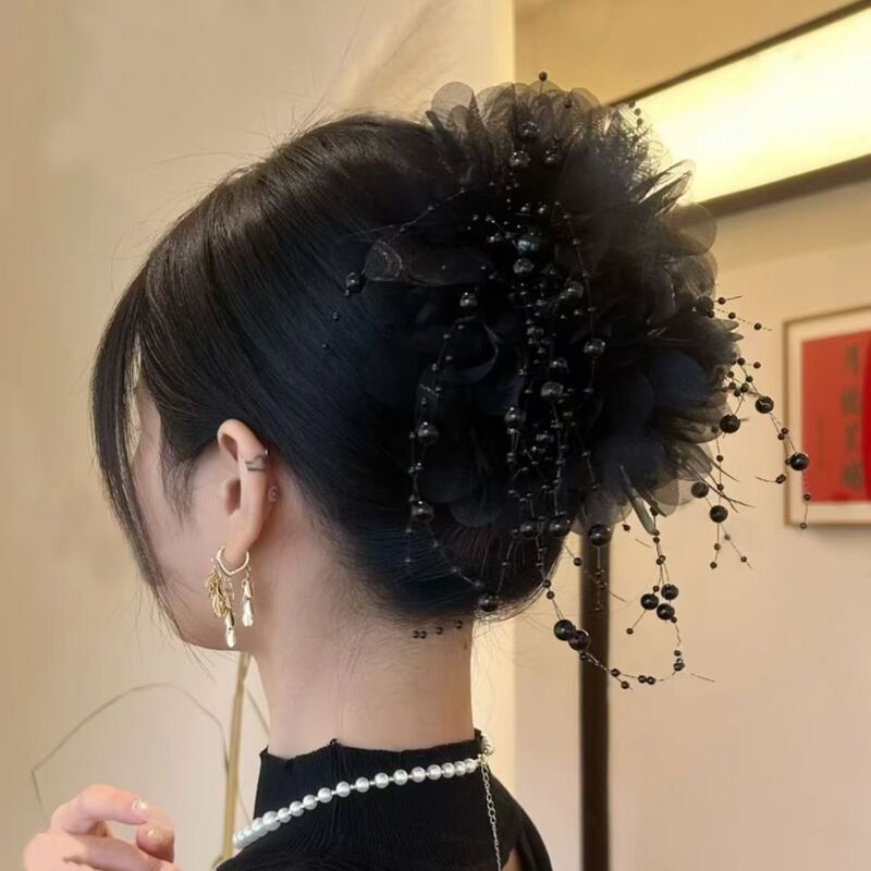 女性用の高級牡丹の花のタッセルクリップ、後頭部の髪のボリュームを示す新しいスタイルのヘアクリップ、シャーククリップヘッドギア|undefined