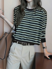 美式撞色条纹显瘦长袖t恤女2025秋季超火宽松设计感内搭上衣短款