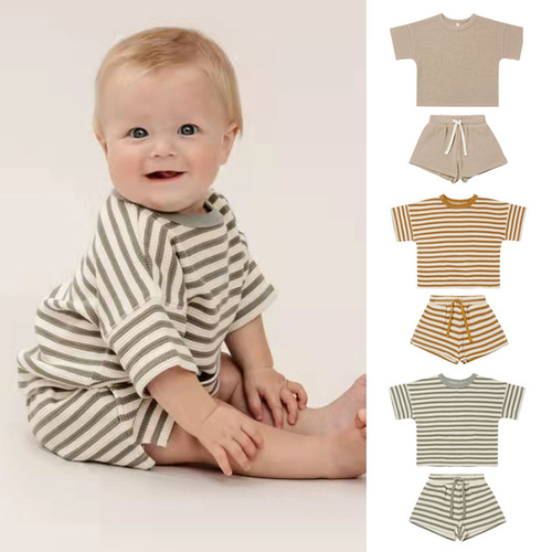 Infant and toddler set  summer Nordic style male and female baby short-sleeved shorts waffle round neck striped two-piece set